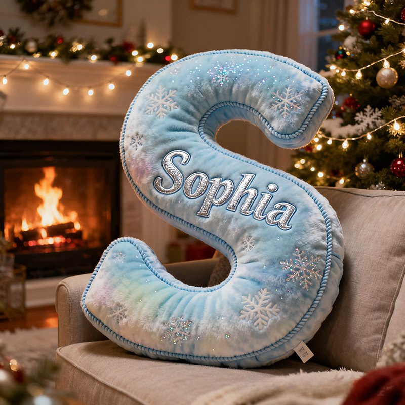 Personalized Blue Snowflakes Initial Graphic 3D Print Pillow with Name Christmas Gift for Kids