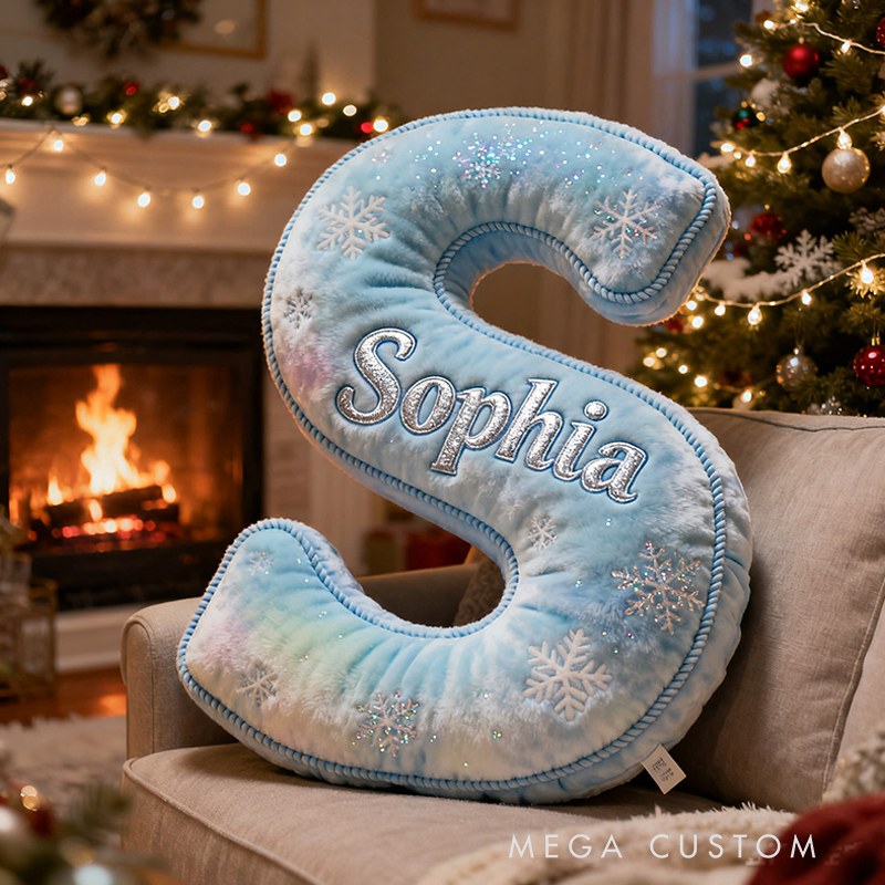 Personalized Blue Snowflakes Initial Pillow with Name Christmas Gift for Kids