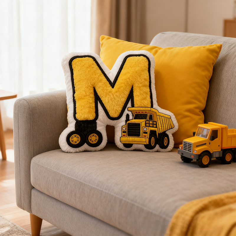 Personalized Letter Shaped Pillows With A Construction Vehicle Pattern Are Suitable For Children's Room Decoration And Play Soft Cartoon Vehicle Throw Pillows Great Gift For Boys For Children