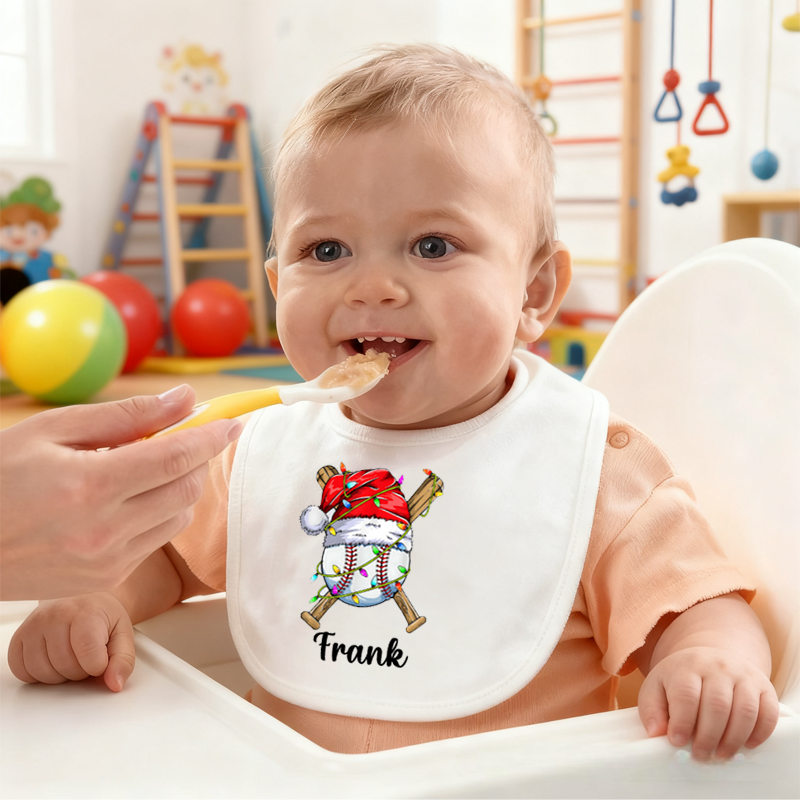Personalized Christmas Hat Sports Ball Baby Bib Baby Bib with Name Feeding Accessory Baby Shower Welcome Christmas Gift for Baby Kid
