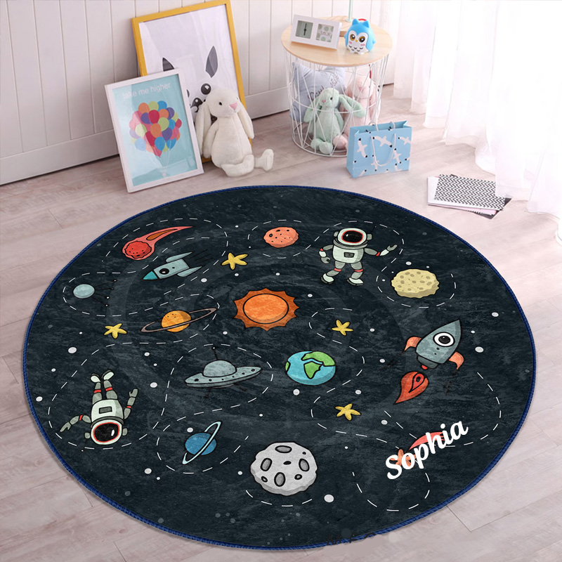 Personalized Space Themed Cute Kid's Rug Adventurous Astronaut Childen's Mat Kids Room Decor