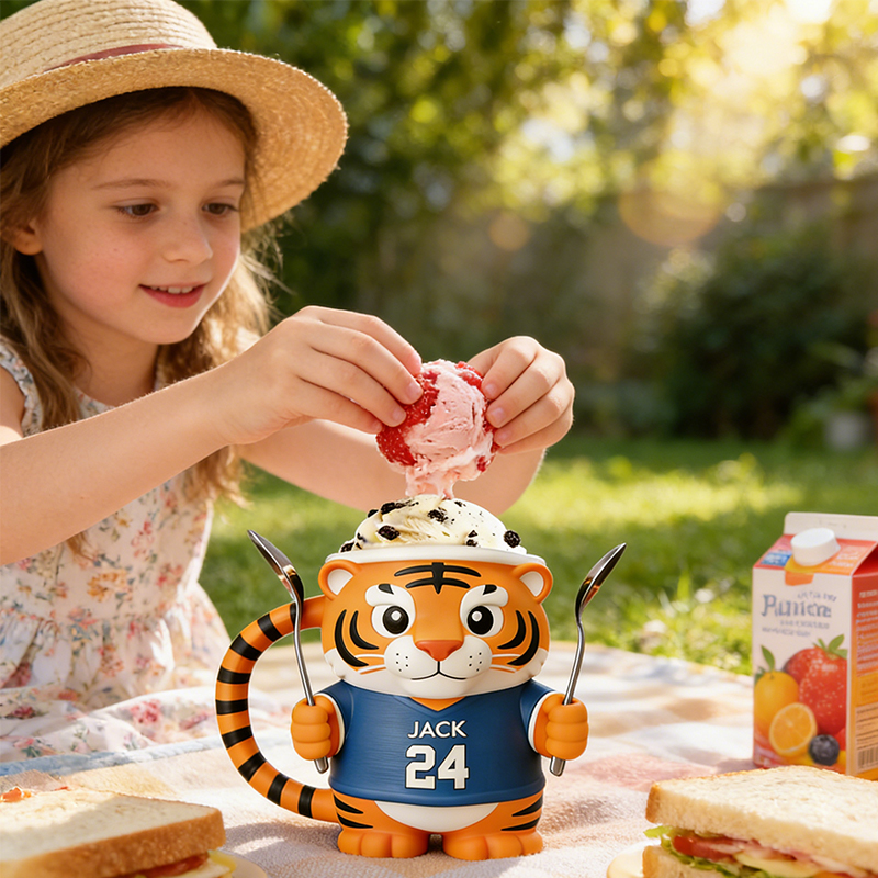 Personalized Tiger Baseball Mascot Ice Cream Pint Holder 3D Printed with Spoon Slots & Snack Drawer Custom Detail for Kids and Baseball Enthusiasts