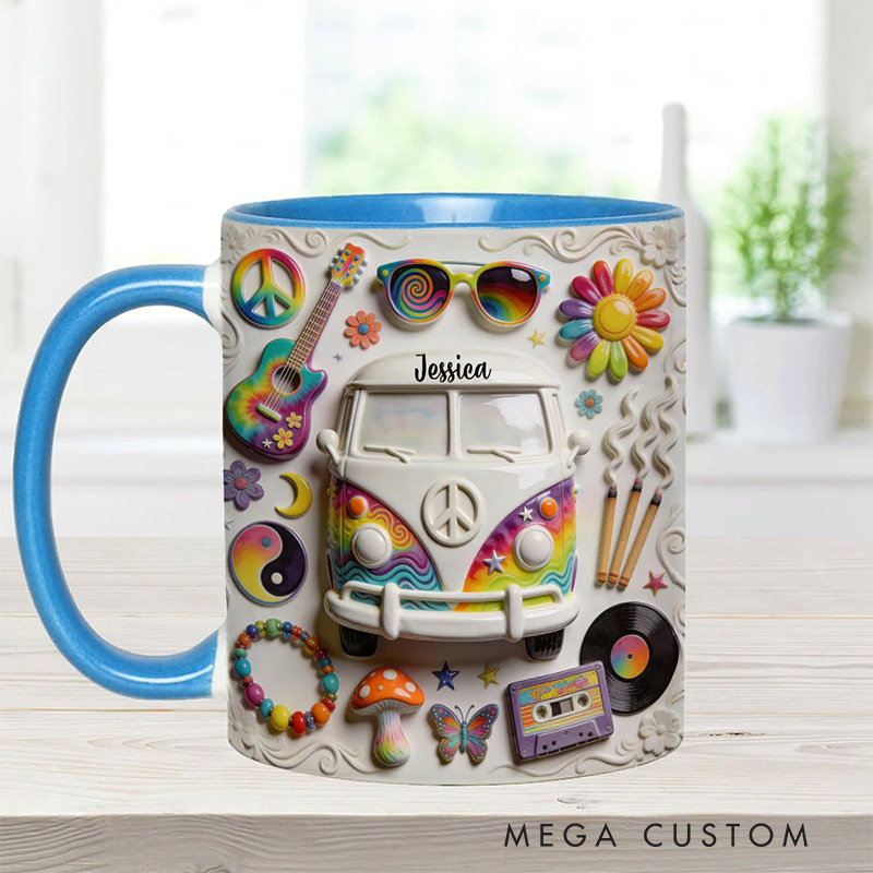 Personalized 2D Flat Hippie Love Hope Peace Mug Custom Name Colorful Hippie Car Hippie Coffee Mug Bohemian Coffee Mug