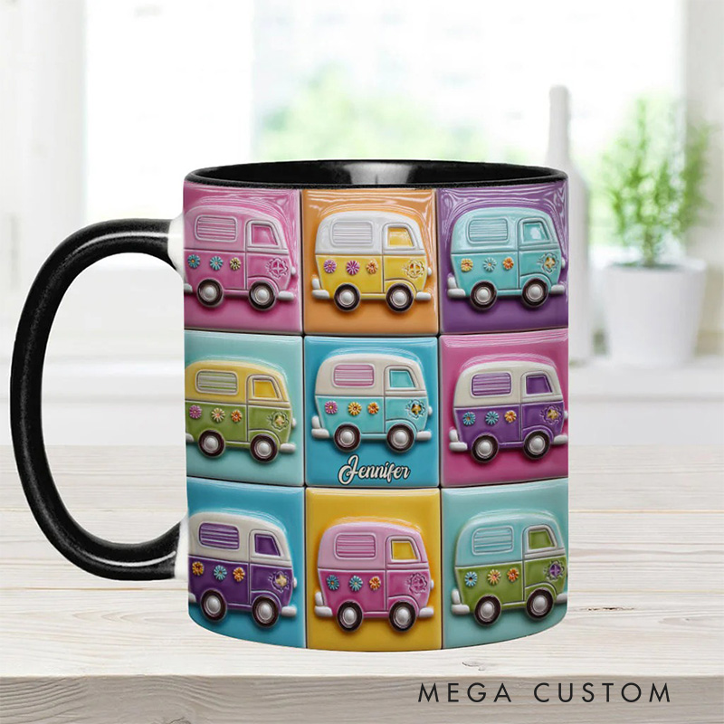 Personalized 2D Flat Hippie Caravans Mug Custom Name Colorful Hippie Car Hippie Coffee Mug Bohemian Coffee Mug