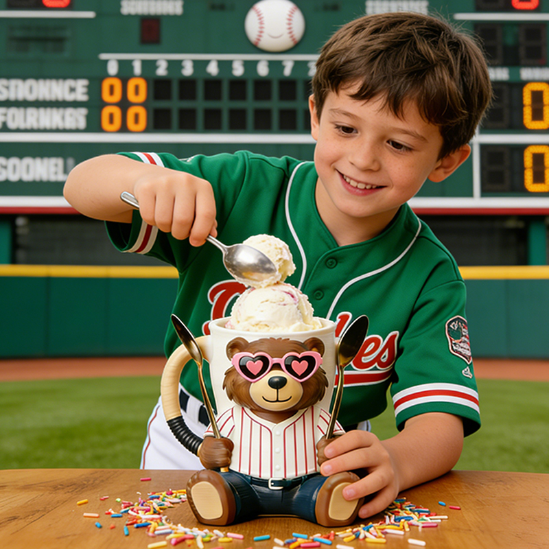 Personalized Baseball Mascot Bear Ice Cream Pint Holder with Adorable Heart Sunglasses 3D Printed with Spoon Slots & Snack Drawer for Baseball and Ice Cream Enthusiasts