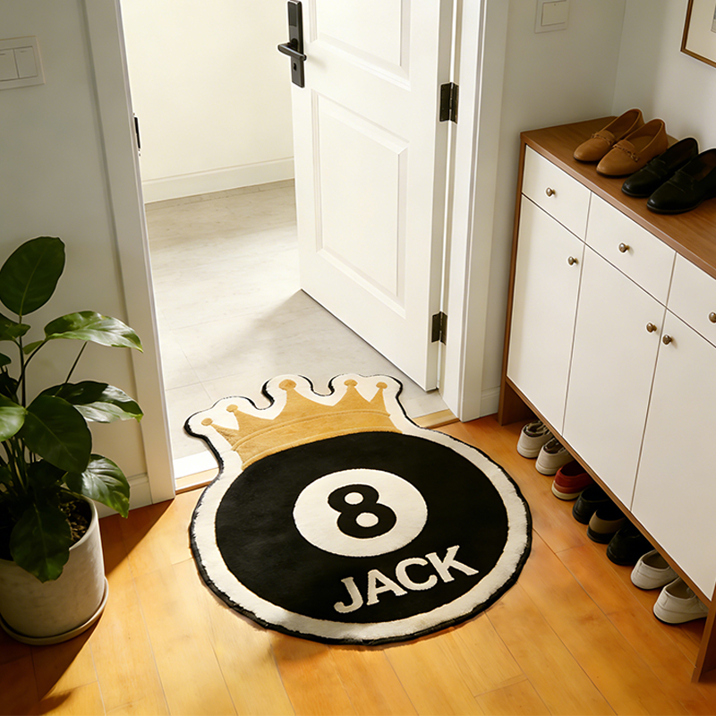 Personalized Billiards Rug with 8-Ball and Regal Crown Design and Custom Name for Pool Enthusiasts