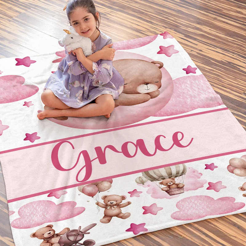 Personalized Sleeping Bear Cloud Moon Star Soft Throw Blanket with Name Home Decor Birthday Gift for Teenagers Kids