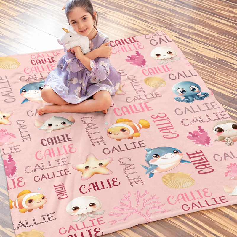 Personalized Cute Marine Animals Design Soft Throw Blanket with Name Home Decor Birthday Christmas Gift for Boys Girls