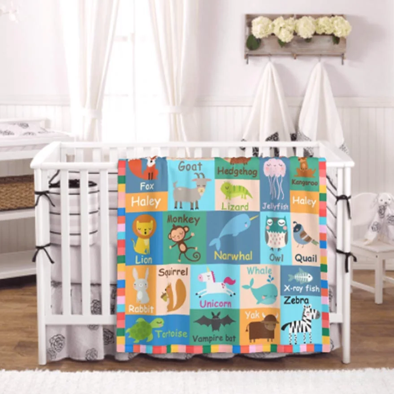 Personalized Kids Animals Alphabet Flannel Blanket with Name