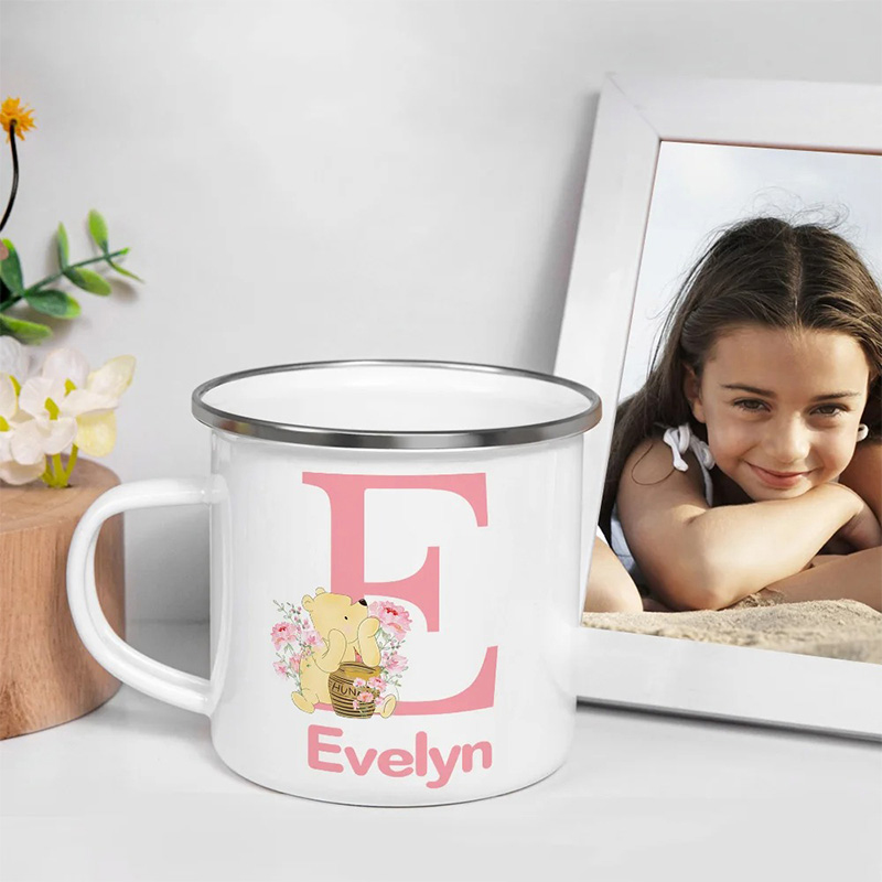 Personalized Cute Classic Bear Enamel Mug with Initial and Name Back to School Birthday Easter Gift for Kids