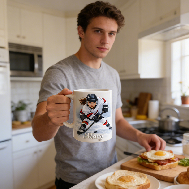 Personalized Ice Hockey Mug with Custom Player Illustration and Name for Ice Hockey Lovers