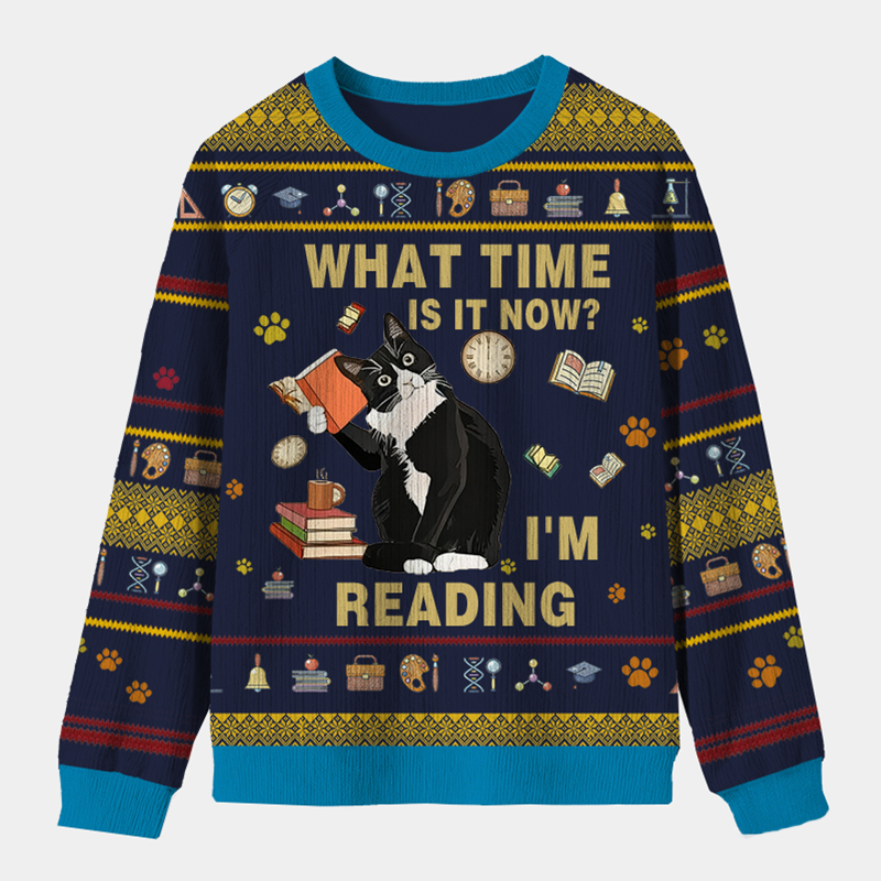 Personalized Book Loving Cat Reading Time Ugly Sweater Holiday Gift for Book Lovers