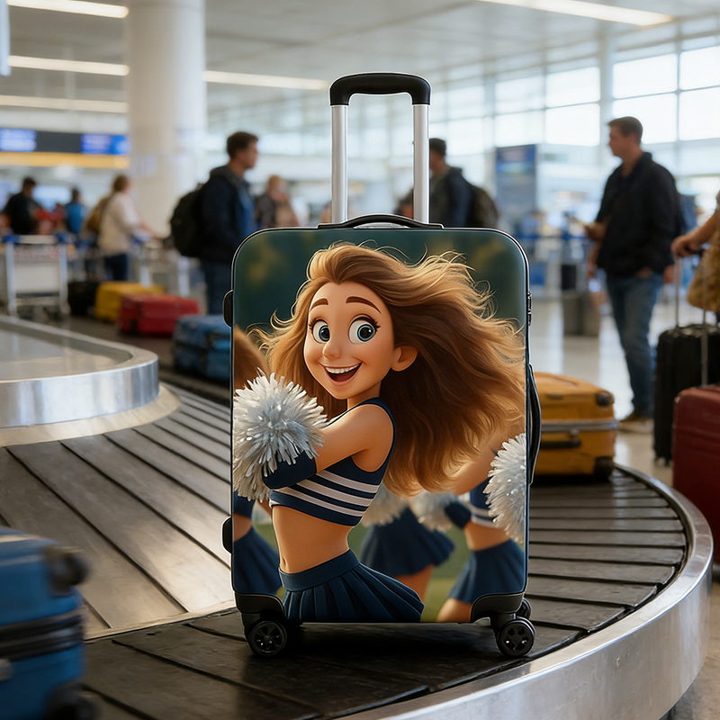 Personalized Pixar Cheerleader Luggage Cover with Custom Character Design for Cheerleader Enthusiasts 