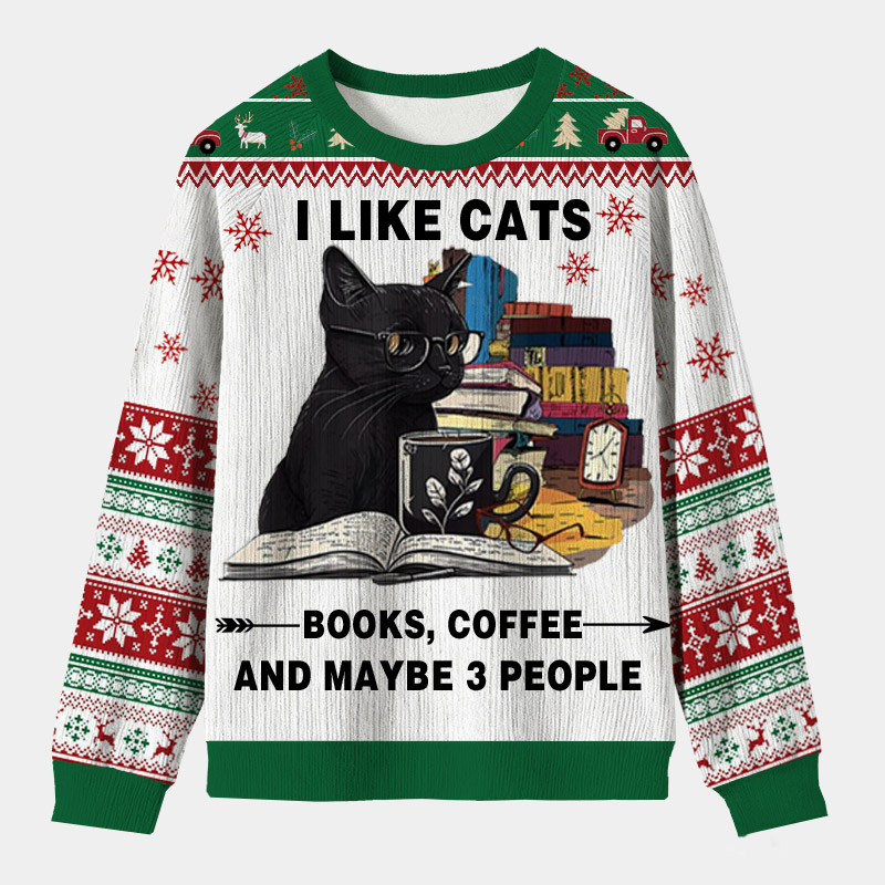 Personalized Reading Cat Relax Vibes Ugly Sweater Festive Gift for Bookworms
