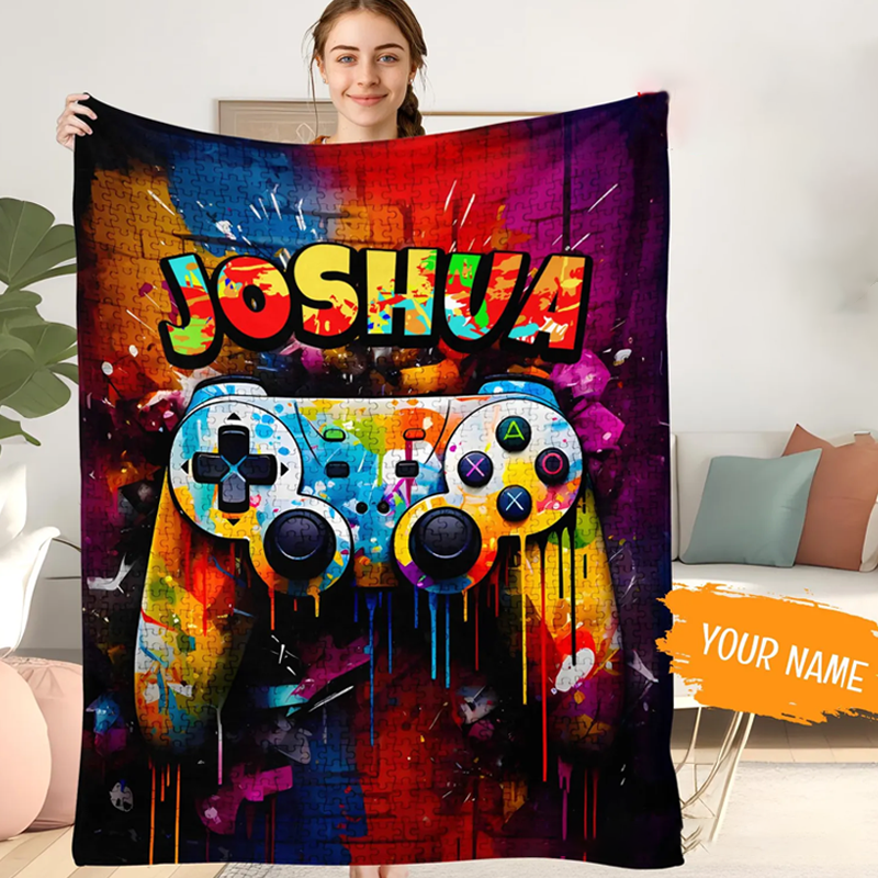 Personalised Custom Gaming Blanket with Name Blanket Kids Blanket Gamepad Blanket for Him Geek Lover