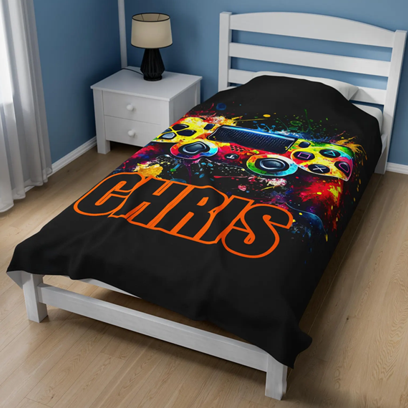 Personalized Gamer Blanket Custom Name Gaming Controller Throw for Kids Gift for Game Geek Lover