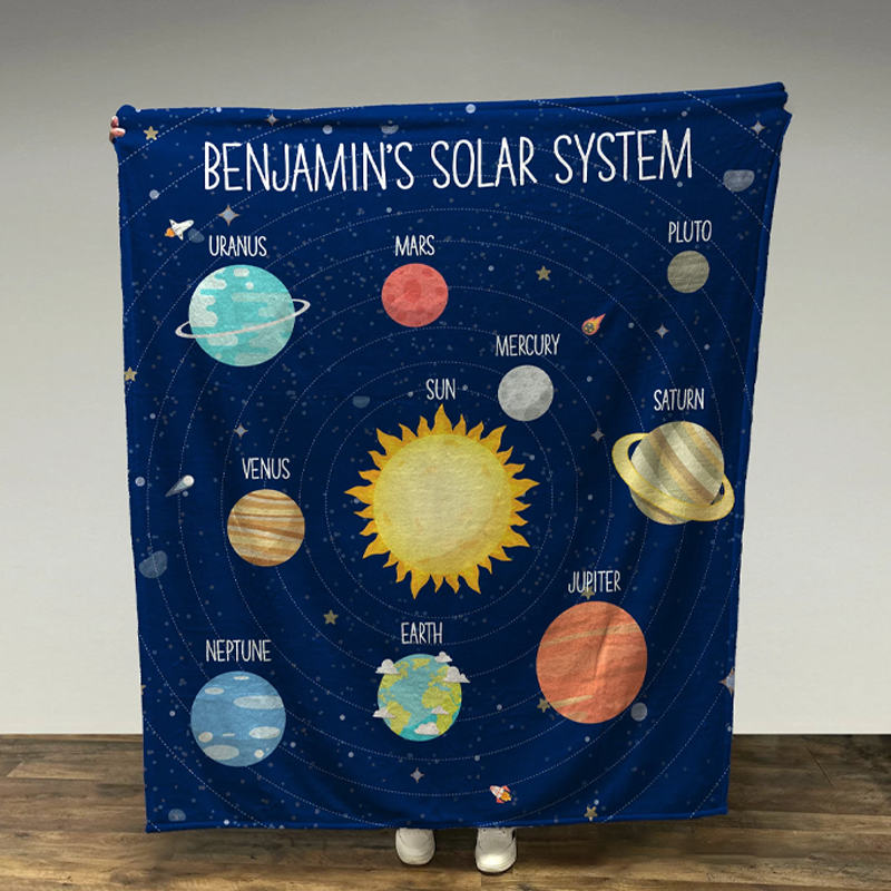 Personalized Solar System Blanket Custom Name Minky Fleece Blanket Kid Planet Blanket