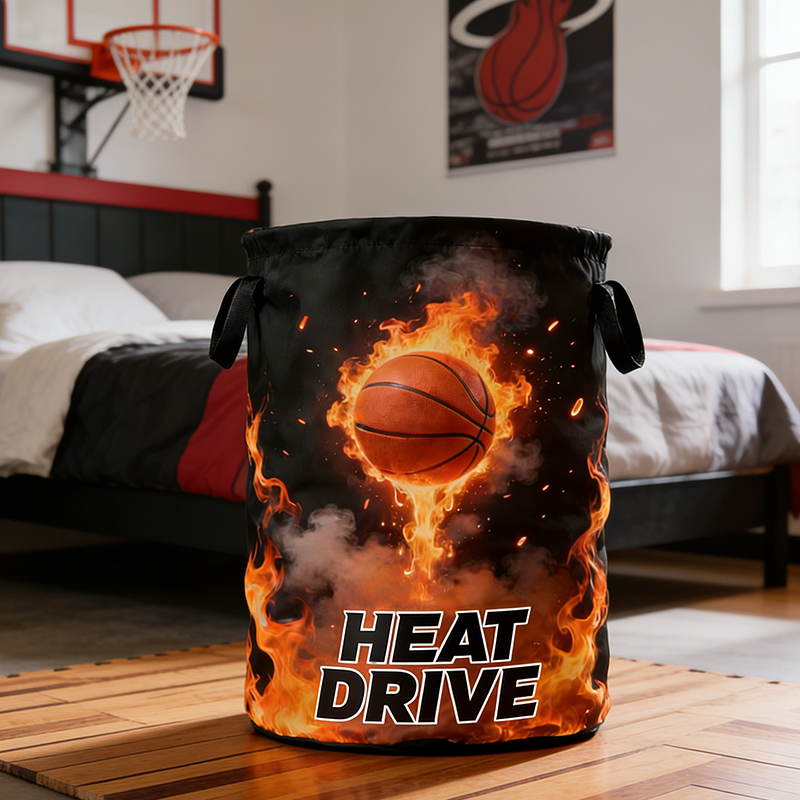 Personalized Flaming Basketball Storage Basket with Custom Text for Basketball Fans