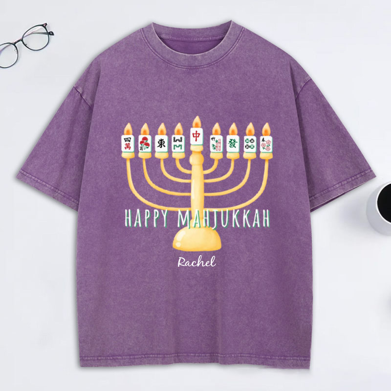 Personalized Hanukkah Mahjong Washed T-Shirt with Name Mahjong Lovers Holiday Shirt Mahj Funny Tee Jewish Holiday Gift Religious Funny Gift