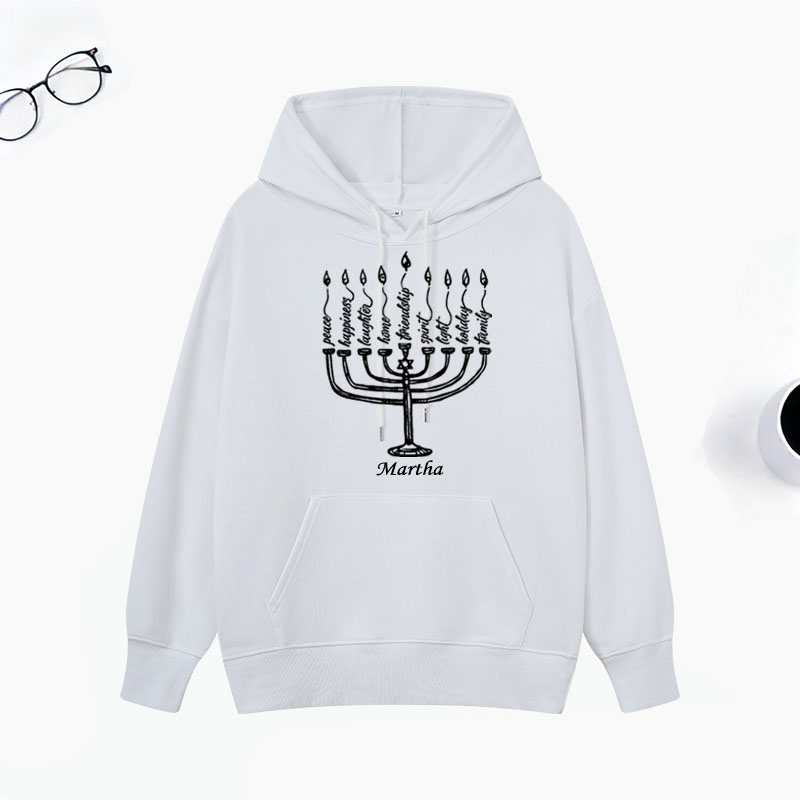 Personalized Peace Laughter Hanukkah Classic Hoodies with Name Unisex Hoodies Religious Gift Happy Hanukkah Gift for Jewish People