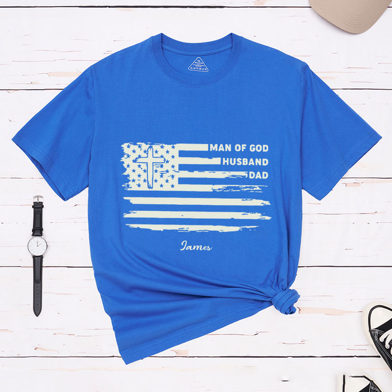 Personalized Man of God Husband Dad Classic T-Shirt with Name Christian Flag Shirt Religious Gift for Him