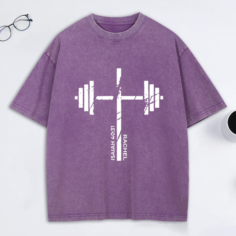 Personalized Christian Gym Cross Washed T-Shirt with Name Lift Heavy Pray Hard Shirt Faith Workout Top Jesus Fitness Apparel Religious Gift for Men