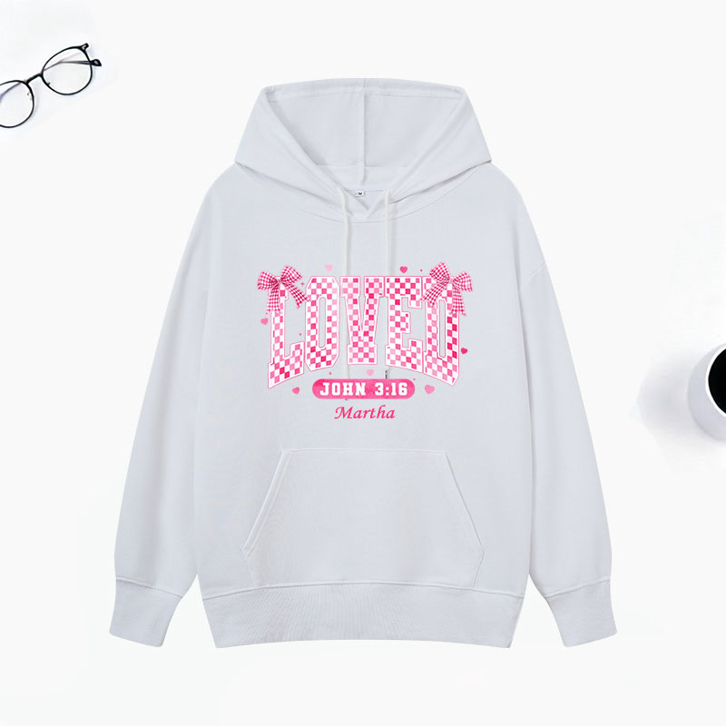Personalized Checkered Loved John 3:16 Bible Verse Classic Hoodies with Name Retro Hoodies Religious Gift Valentines Day Gift for Couple