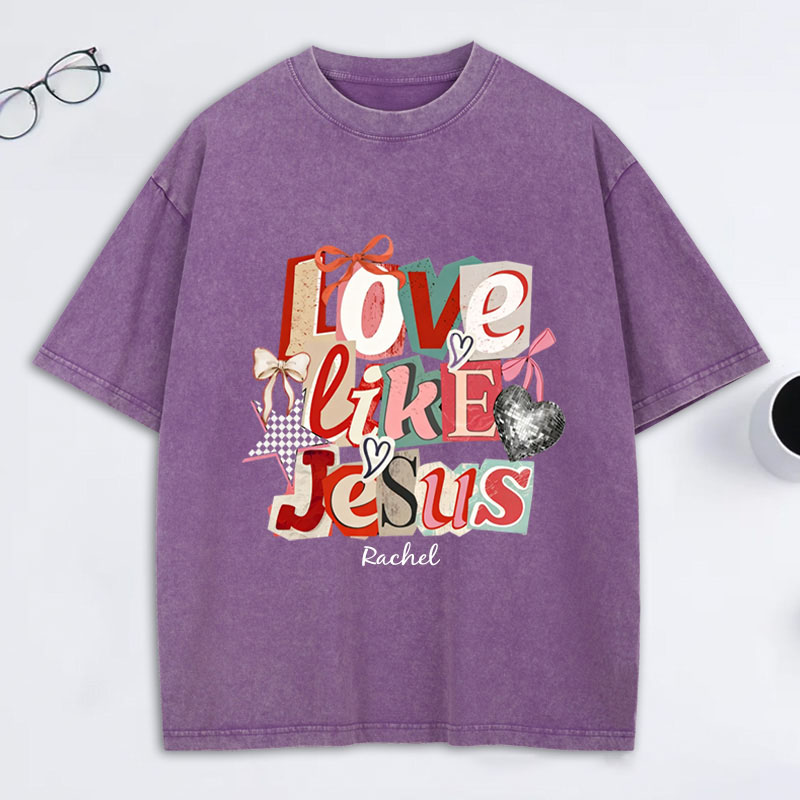 Personalized Love Like Jesus Vintage Washed T-Shirt with Custom Name Preppy Valentine’s Day Checkered Tee Coquette Jesus Shirt Valentine’s Day Gift