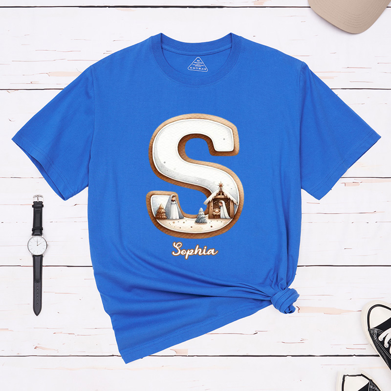 Personalized Nativity Scene Classic T-Shirt with Initial and Name Christian Shirt Religious Gift Faith Gift for Christians