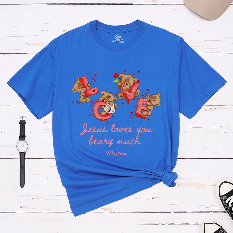 Personalized Jesus Loves you Beary Much Retro Bear Heart Valentine Classic T-Shirt with Name Christian Shirt Religious Gift Valentine's Day Gift for Her