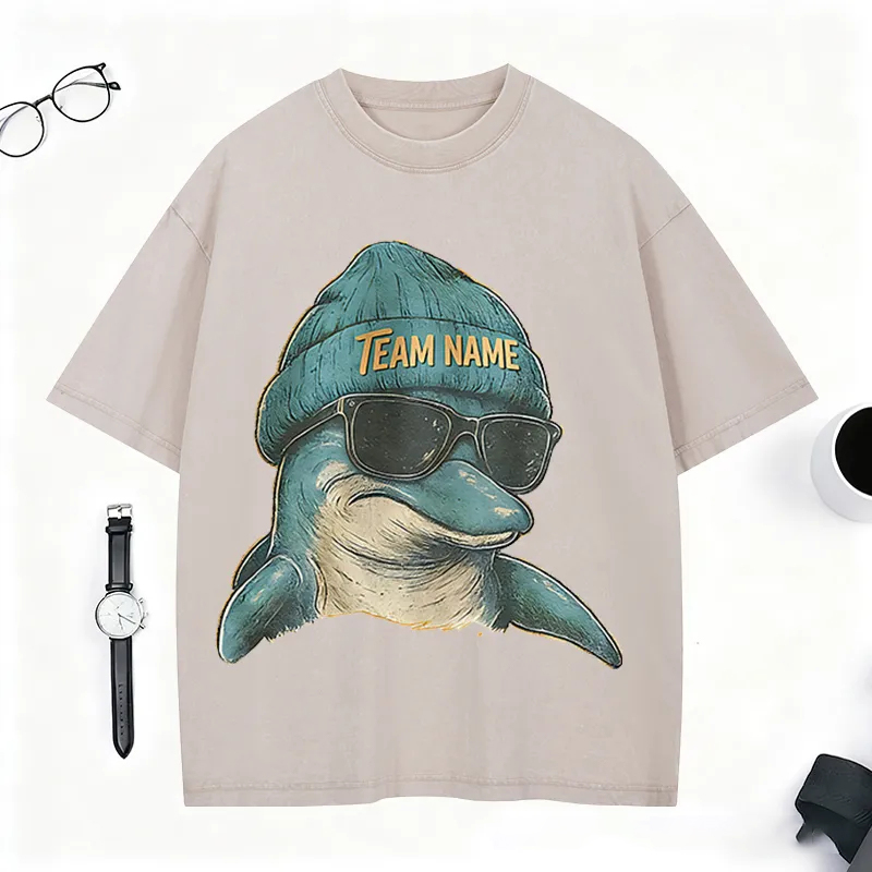 Personalized Retro Football Mascot T-Shirt with Dolphin Graphic and Team Name for Football Fans  
