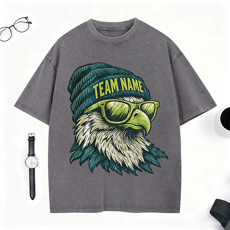 Personalized Football Mascot Washed T-Shirt with Beanie-Wearing Eagle and Custom Team Name for Football Enthusiasts