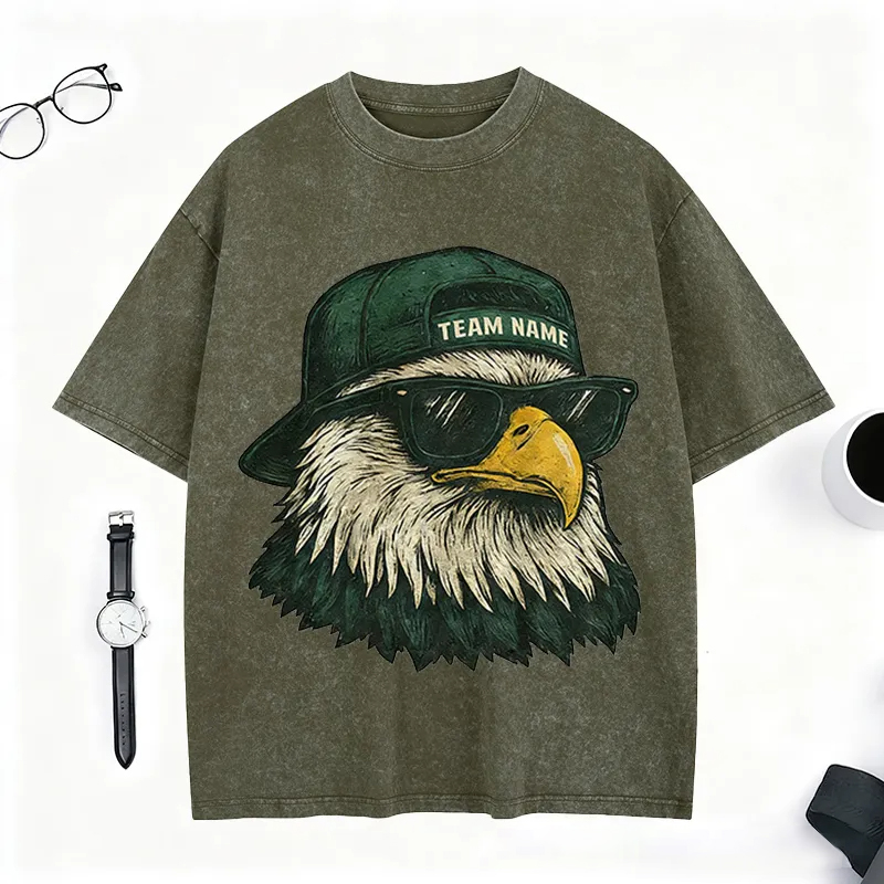 Personalized Football Mascot Washed T-Shirt with Cool Eagle Design and Custom Team Name