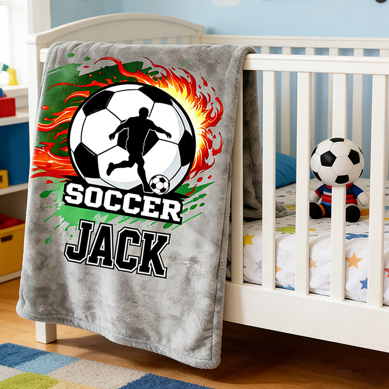 Personalized Soccer Blanket with Custom Name and Fiery Design for Soccer Enthusiasts