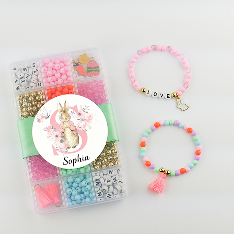 Personalized Easter Bracelet DIY Kit for Kids Custom Name Beads and Acrylic Box with Name Sticker Bunny Love Easter DIY Stretchy Bracelet Craft Kit Activity  Perfect Gift for Kids