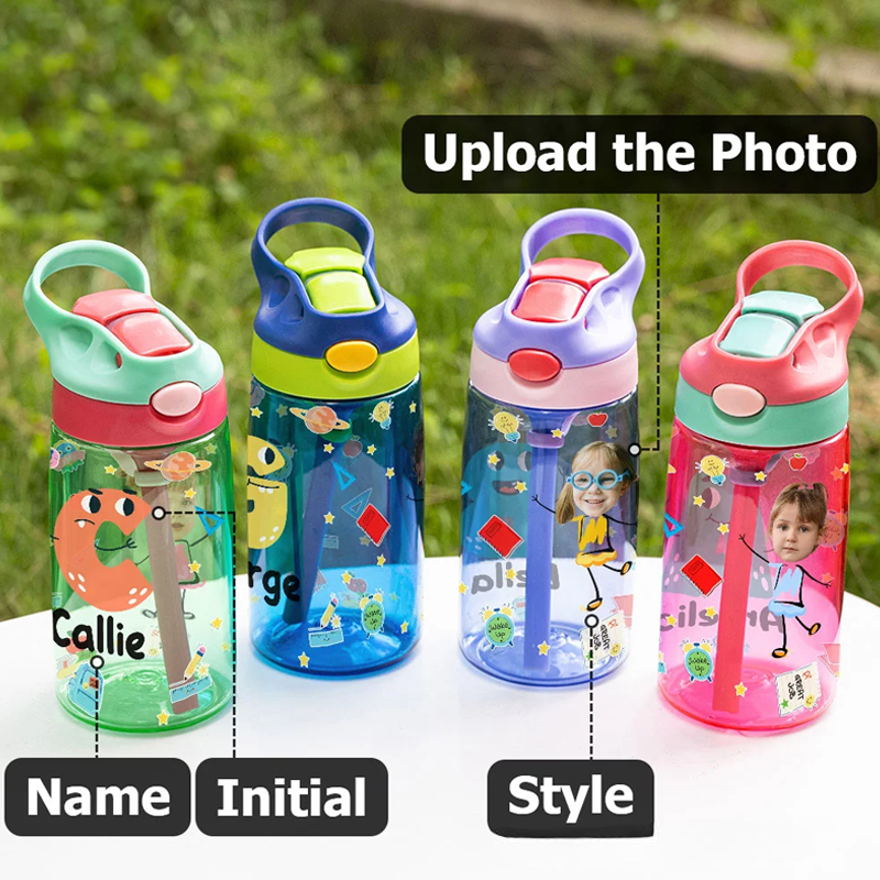 Personalized Colorful Cartoon Photo Name 16oz Kid's Water Bottle with Silicone Straw and Handle Birthday Back to School Gift for Boys Girls