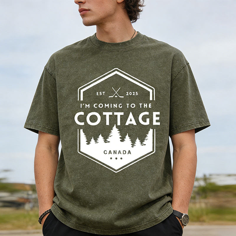 Personalized I'm Coming To The Cottage Canada Washed T-Shirt Forest and Hockey Graphic Tee for Hockey and Nature Lovers