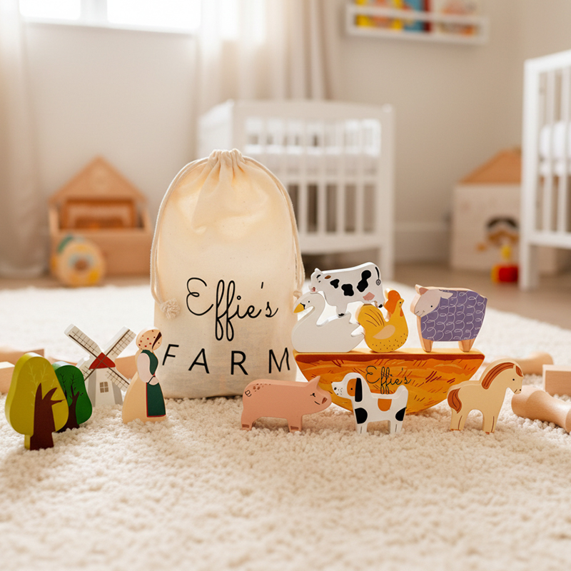 Personalized Wooden Farm Stacking Toy Set for Kids Custom Name, Creative and Educational Play