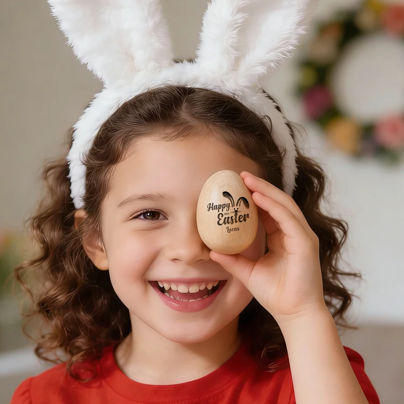 Personalized Happy Spring Bunny Wooden Easter Egg with Engraved Name Easter Basket Stuffers Home Decor Party Favors Gift for Kids