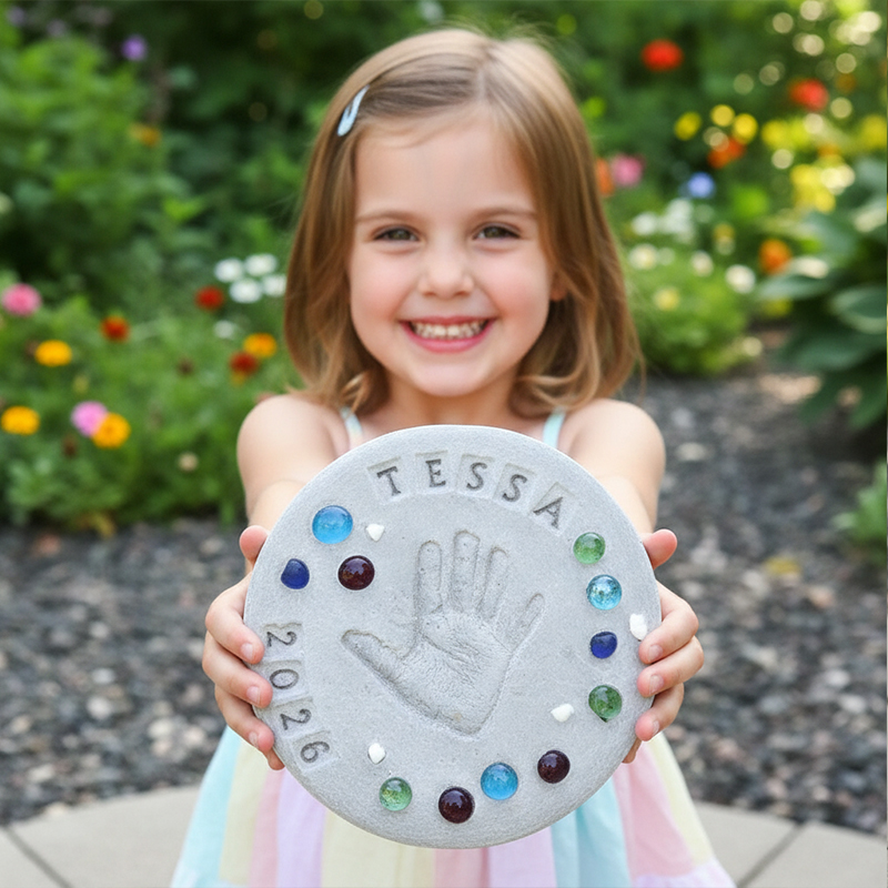 Personalized DIY Stepping Stone Kit Custom Handprint  Footprint Keepsake with Gems and Easy Mixing Cement