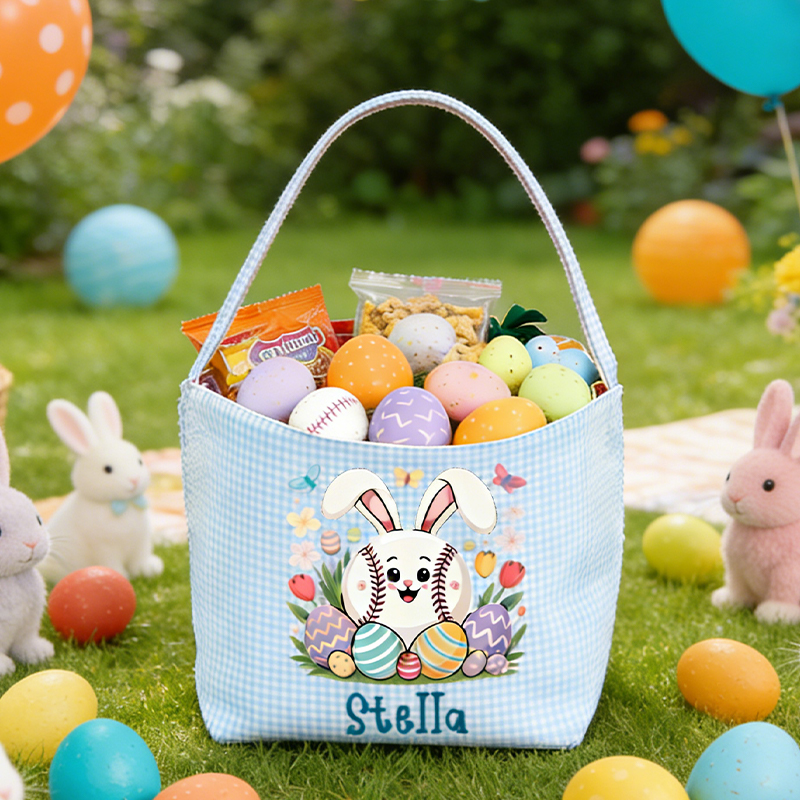 Personalized Easter Baseball Bunny & Egg Basket - Custom Name Tote for Girls and Boys