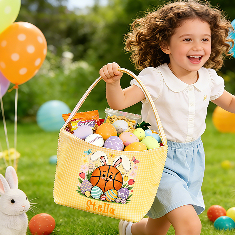Personalized Basketball Bunny Easter Basket with Custom Name Gingham Tote for Kids Easter Gifts