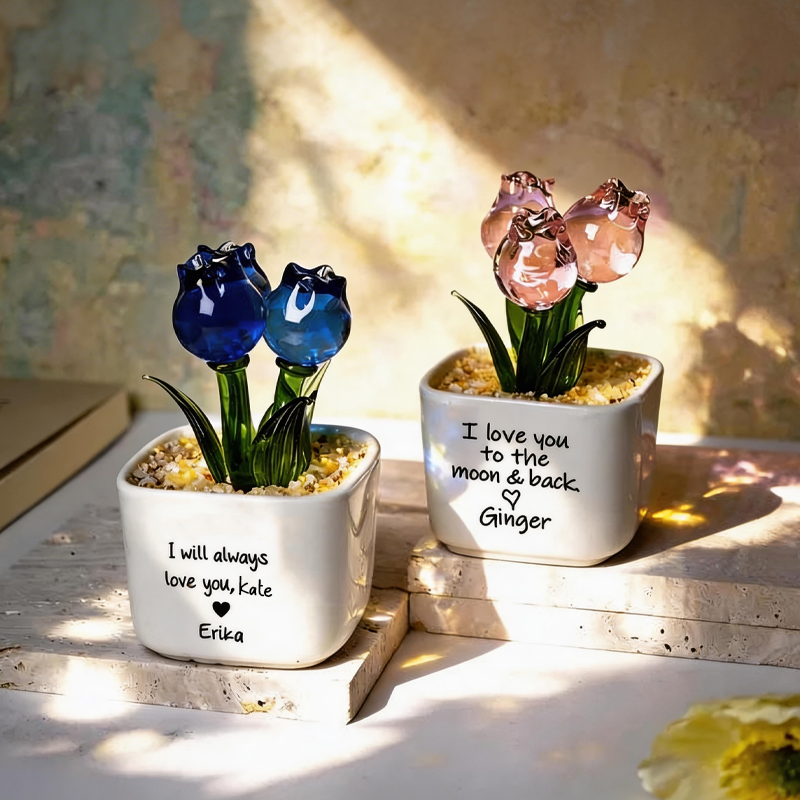 Personalized Glass Everlasting Tulips Flower Gift Hand Blown Glass Potted Best Gifts for Her