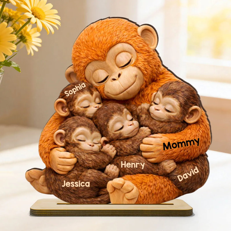 Personalized Mother Monkey Children Baby Punch Monkey Custom 2 Layered Wooden Plaque Heartfelt Mother S Day Gift for Mom Wife