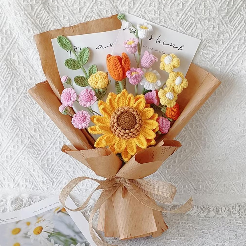 Personalized Handmade Crochet Sunflower Bouquet Knitted Floral Gift for Her Eternal Flower Arrangement Wedding Decor Mother’s Day