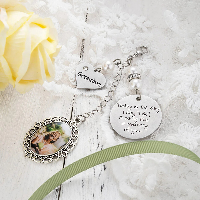 Personalized Lace Oval Photo Bouquet Charm with Heart Engraved Pendant Memorial Wedding Gift for Bride