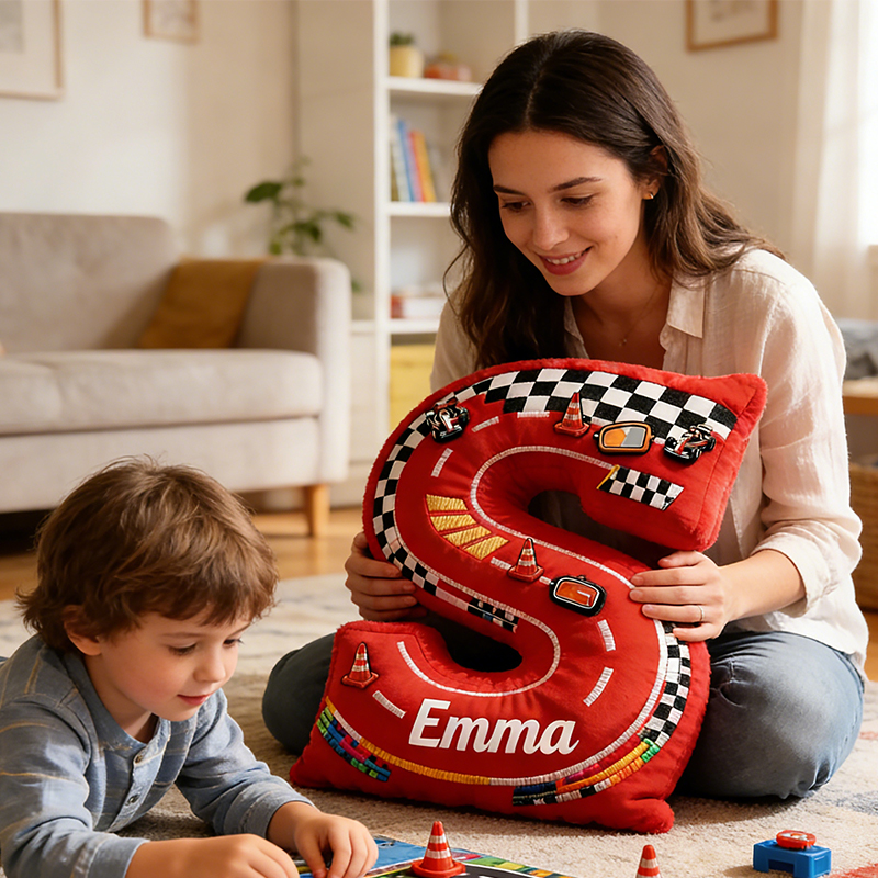 Personalized Red Racing Letter Pillow Custom Name Race Track Cushion for Boys and Girls
