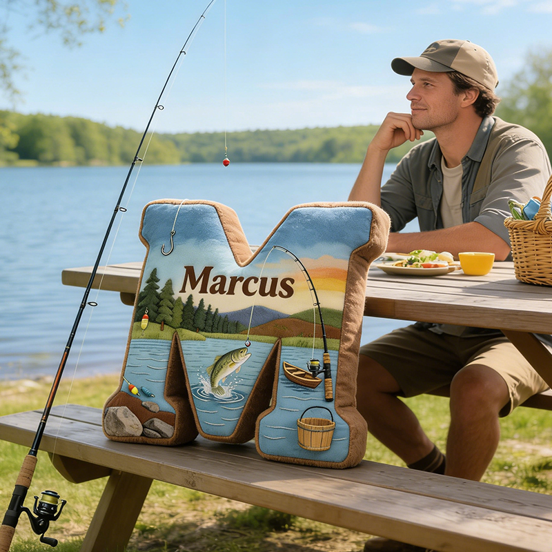 Personalized Fishing Letter Pillow with Custom Name Nature Themed Cushion for Outdoor and Fishing Lovers
