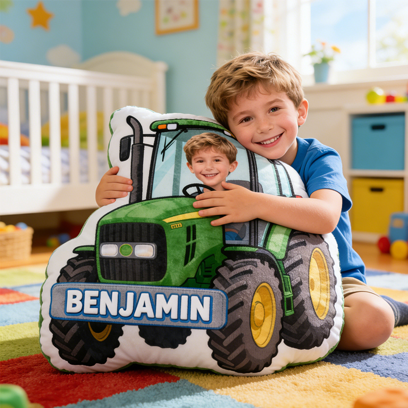 Personalized Tractor Pillow with Custom Name and Photo Cushion Gift for Kids 