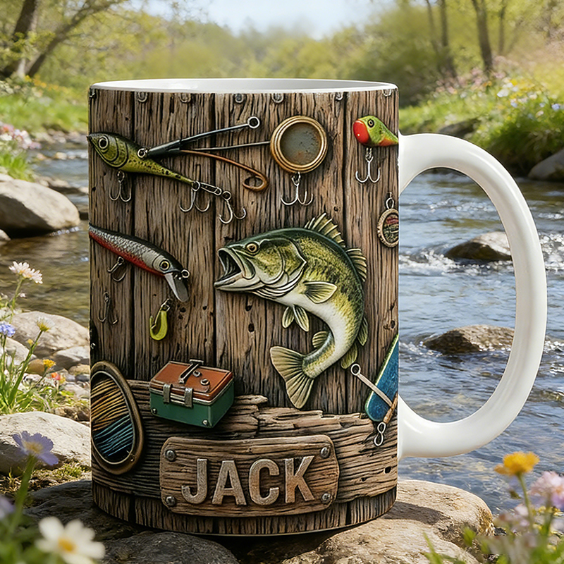 Personalized Fishing Mug Custom Wood Texture Lure Theme Ceramic Cup for Anglers  